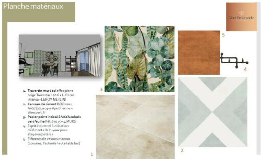 planche-inspiration-materiaux-salon-decoration-carreau-ciment-parquet-revetement-mural-tropical-vegetal